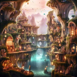 Fantasy-style imagery of enchanted users generating and interacting with a myriad of images, stories, and presentations on Idyllic, with an aura of engagement.