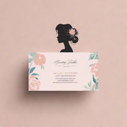 A professional, elegant business card for a beauty salon. Features include the silhouette of a stylish woman, pastel colors, floral motifs, and cursive font