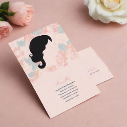 A professional, elegant business card for a beauty salon. Features include the silhouette of a stylish woman, pastel colors, floral motifs, and cursive font