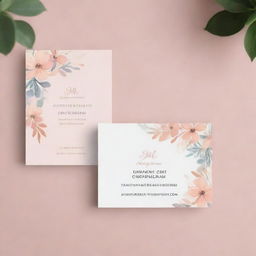 A professional, elegant business card for a beauty salon. Features include the silhouette of a stylish woman, pastel colors, floral motifs, and cursive font