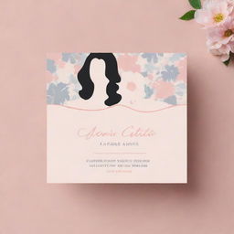 A professional, elegant business card for a beauty salon. Features include the silhouette of a stylish woman, pastel colors, floral motifs, and cursive font