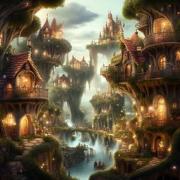 Fantasy-style imagery of enchanted users generating and interacting with a myriad of images, stories, and presentations on Idyllic, with an aura of engagement.