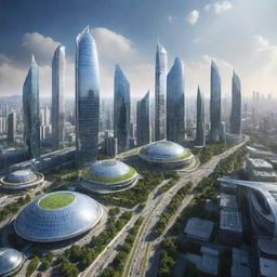 Futuristic cityscape of Earth in the year 2060 with high-tech buildings, advanced transportation, and renewable energy systems