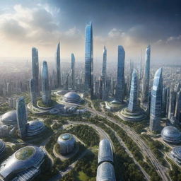 Futuristic cityscape of Earth in the year 2060 with high-tech buildings, advanced transportation, and renewable energy systems