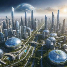 Futuristic cityscape of Earth in the year 2060 with high-tech buildings, advanced transportation, and renewable energy systems