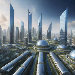 Futuristic cityscape of Earth in the year 2060 with high-tech buildings, advanced transportation, and renewable energy systems