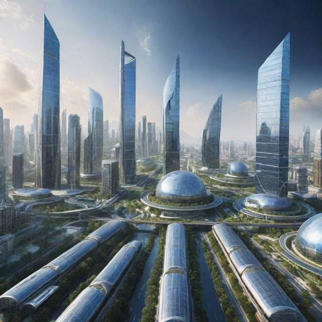 Futuristic cityscape of Earth in the year 2060 with high-tech buildings, advanced transportation, and renewable energy systems