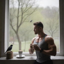 A muscular man savoring a cup of coffee in front of a window, with birds perched on a tree visible outside