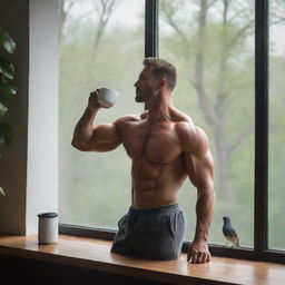 A muscular man savoring a cup of coffee in front of a window, with birds perched on a tree visible outside