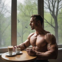 A muscular man savoring a cup of coffee in front of a window, with birds perched on a tree visible outside