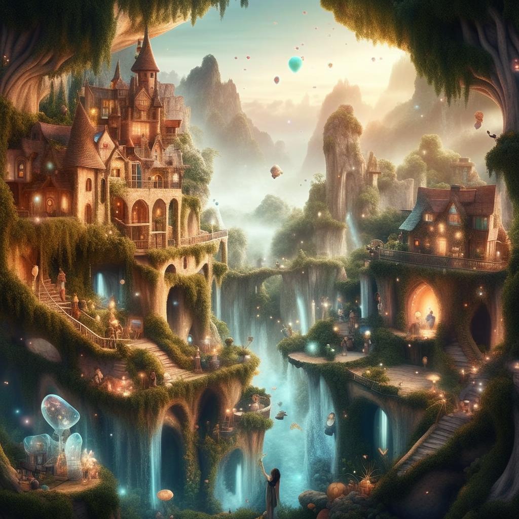 Fantasy-style imagery of enchanted users generating and interacting with a myriad of images, stories, and presentations on Idyllic, with an aura of engagement.