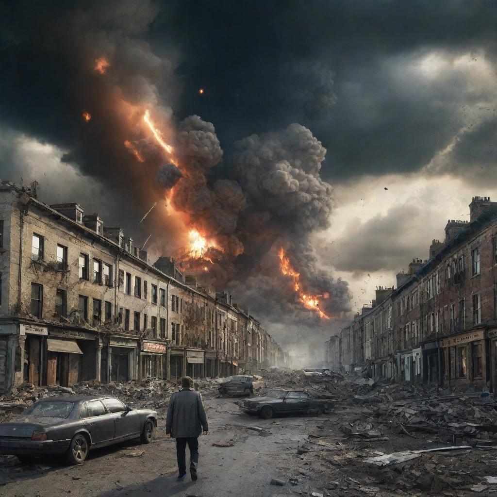 A portrayal of the world's end, with dramatic skies, falling meteors, collapsed buildings, and chaos, infusing a sense of dystopia and apocalypse.