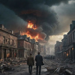 A portrayal of the world's end, with dramatic skies, falling meteors, collapsed buildings, and chaos, infusing a sense of dystopia and apocalypse.