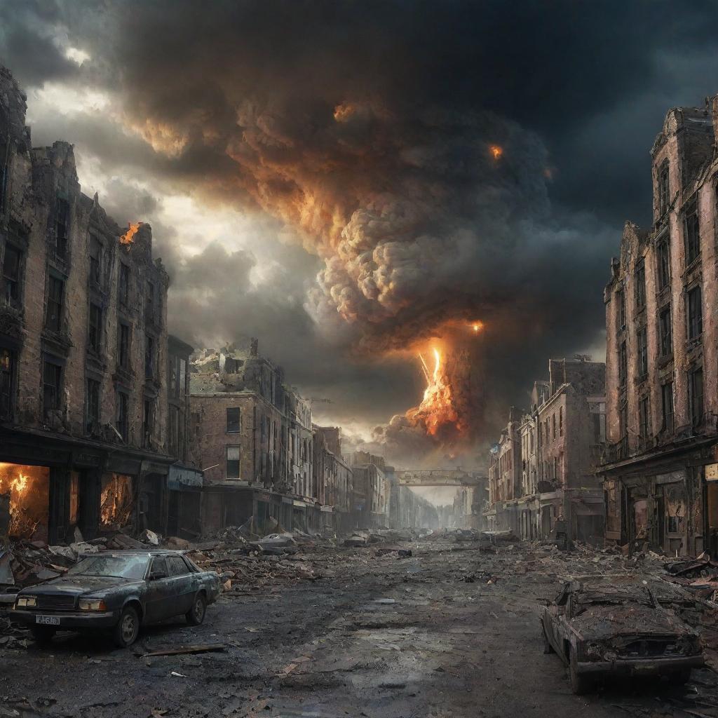 A portrayal of the world's end, with dramatic skies, falling meteors, collapsed buildings, and chaos, infusing a sense of dystopia and apocalypse.