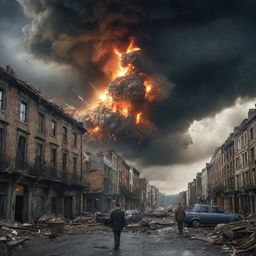 A portrayal of the world's end, with dramatic skies, falling meteors, collapsed buildings, and chaos, infusing a sense of dystopia and apocalypse.