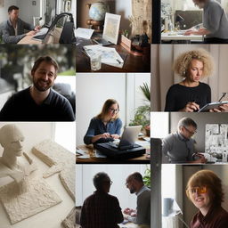 Collage of professional designers and hobbyists deeply engaged with the Idyllic platform, showcasing a mix of expertise and creativity.