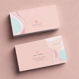 A sleek and elegant visiting card design for a high-end beauty salon, adorned with abstract shapes and elements of cosmetology, glossy fonts for the text, and pastel colors for a sophisticated finish.