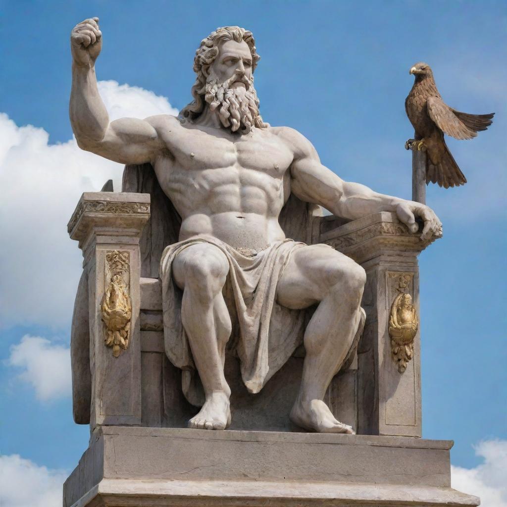 A majestic statue of Zeus, the Greek god of sky and thunder, seated on his throne with his thunderbolt in hand and eagle at his side.