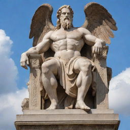 A majestic statue of Zeus, the Greek god of sky and thunder, seated on his throne with his thunderbolt in hand and eagle at his side.