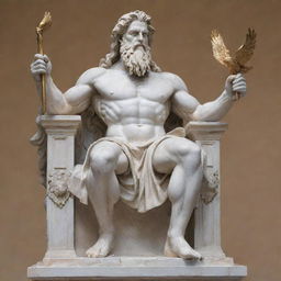 A majestic statue of Zeus, the Greek god of sky and thunder, seated on his throne with his thunderbolt in hand and eagle at his side.