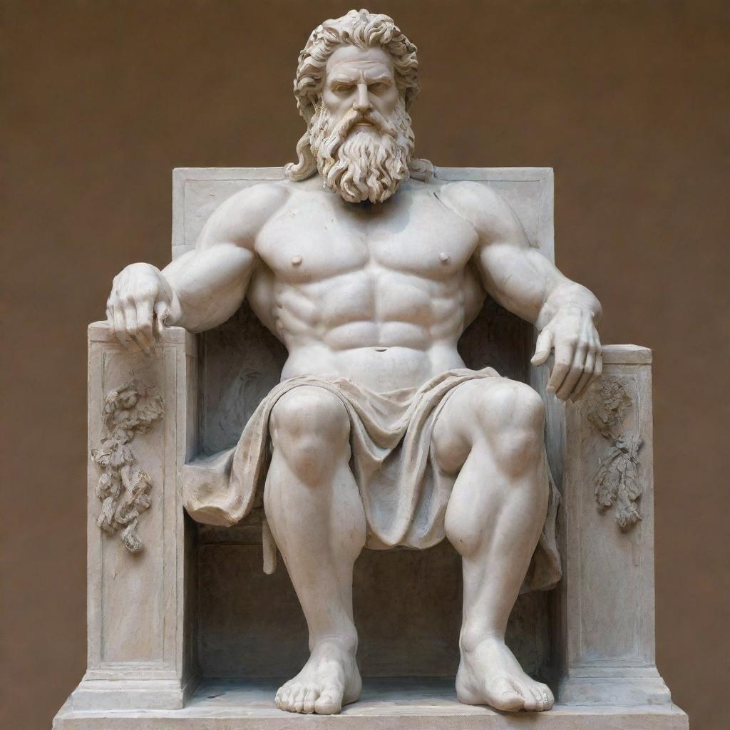 A majestic statue of Zeus, the Greek god of sky and thunder, seated on his throne with his thunderbolt in hand and eagle at his side.