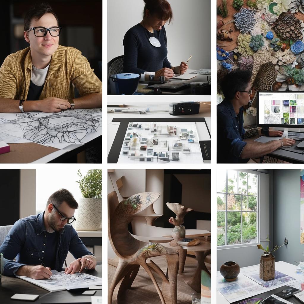 Collage of professional designers and hobbyists deeply engaged with the Idyllic platform, showcasing a mix of expertise and creativity.