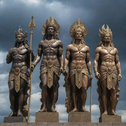 An array of mythical gods from different cultures, each standing tall and powerful against a dramatic sky.