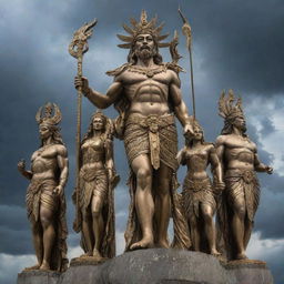 An array of mythical gods from different cultures, each standing tall and powerful against a dramatic sky.