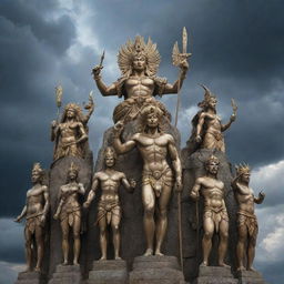 An array of mythical gods from different cultures, each standing tall and powerful against a dramatic sky.