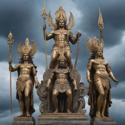 An array of mythical gods from different cultures, each standing tall and powerful against a dramatic sky.