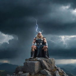 A majestic god of thunder and lightning sitting on a high mountain throne, under a somber sky full of storm clouds, illuminating the scene with every bolt he conjures.