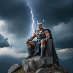 A majestic god of thunder and lightning sitting on a high mountain throne, under a somber sky full of storm clouds, illuminating the scene with every bolt he conjures.