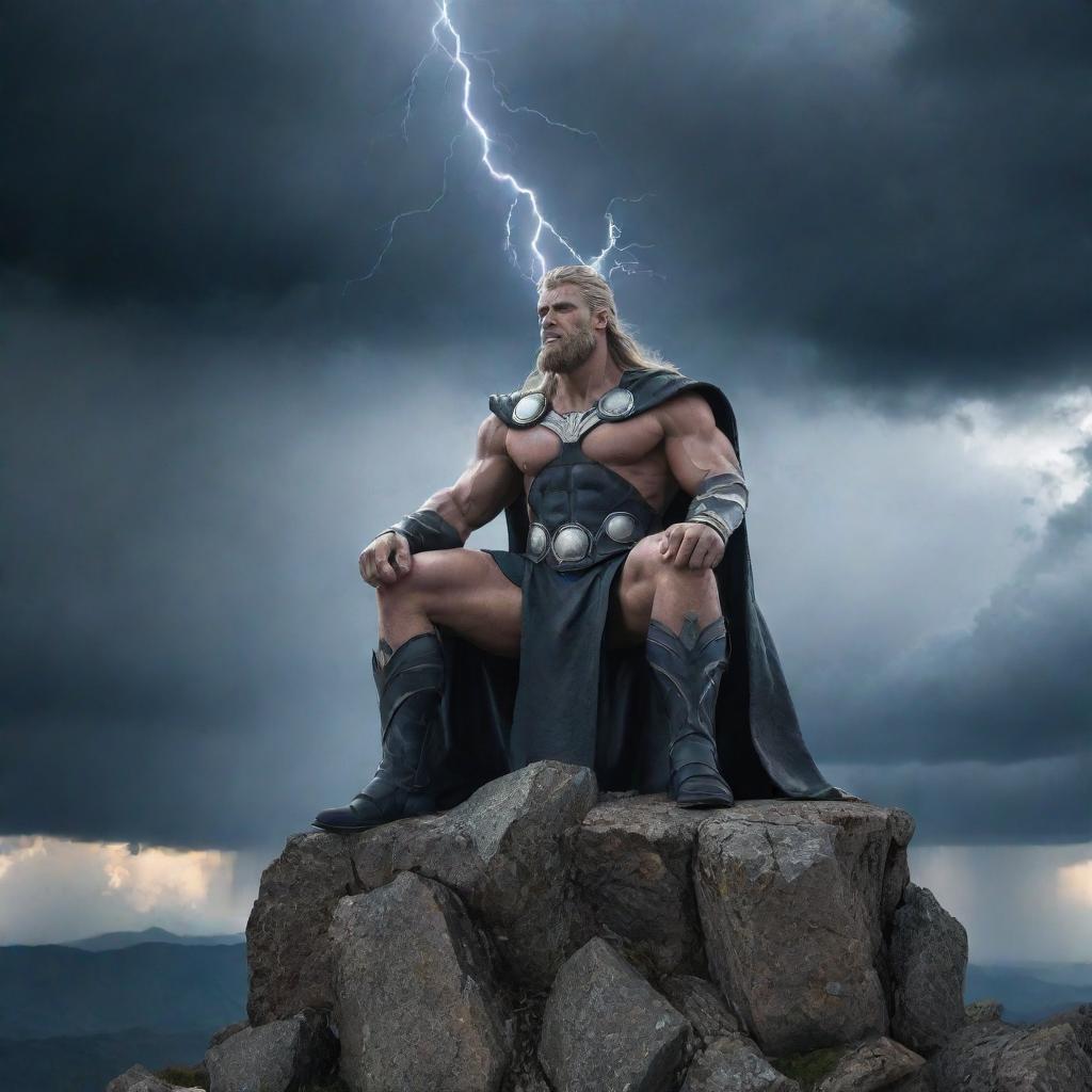 A majestic god of thunder and lightning sitting on a high mountain throne, under a somber sky full of storm clouds, illuminating the scene with every bolt he conjures.