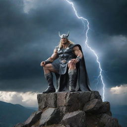 A majestic god of thunder and lightning sitting on a high mountain throne, under a somber sky full of storm clouds, illuminating the scene with every bolt he conjures.