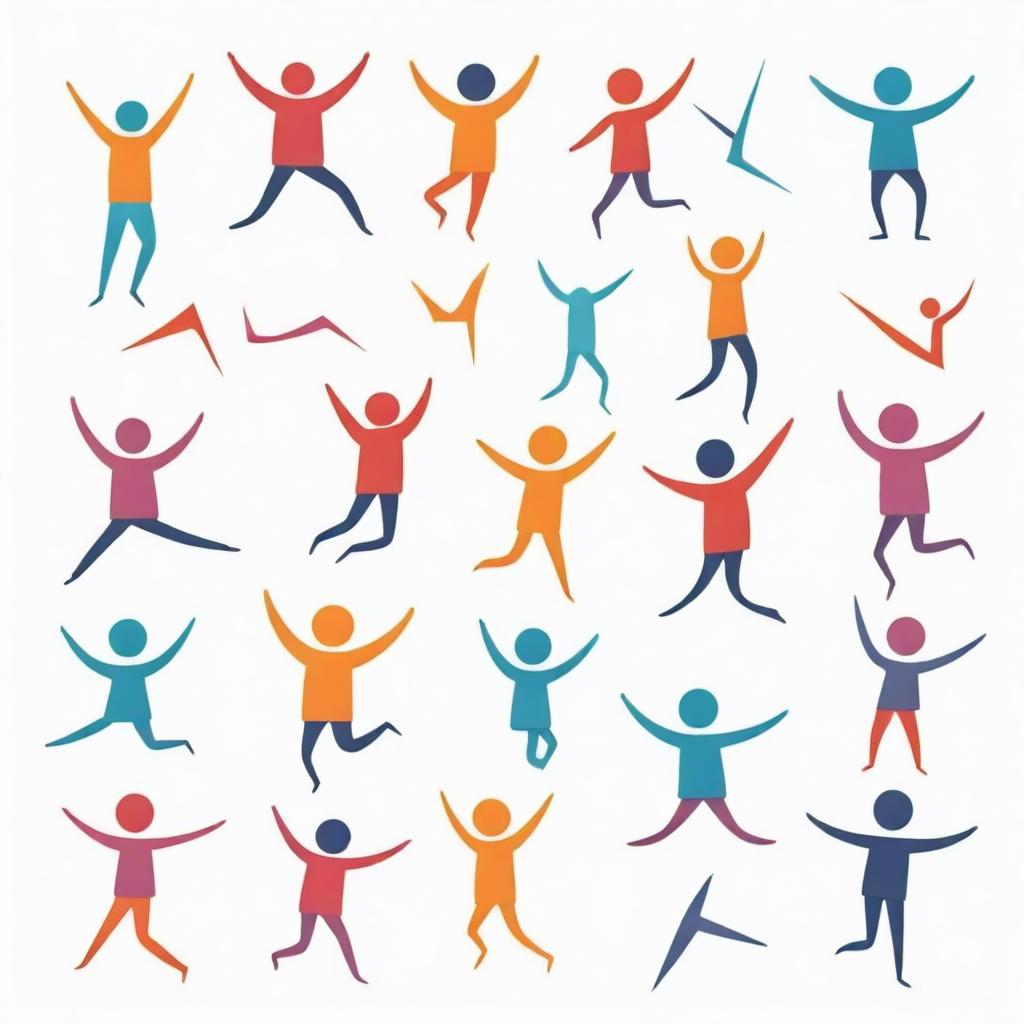 Cartoonish 2D stick figures joyfully jumping in various geometric shapes