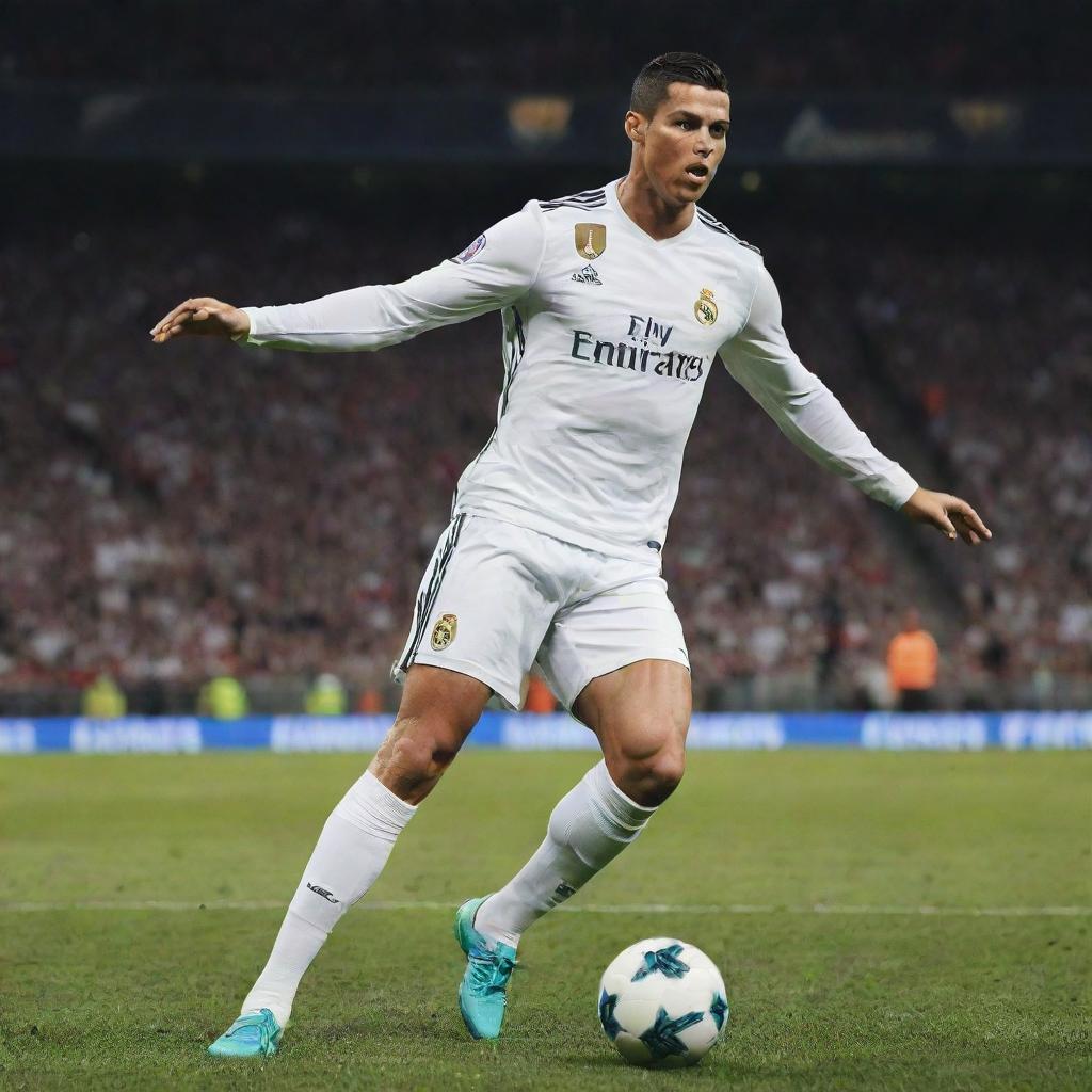 A high resolution wallpaper featuring Cristiano Ronaldo in action, showcasing his skillful moves, athleticism and powerful presence on the field. Background should highlight a vibrant football stadium full of cheering fans