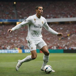 A high resolution wallpaper featuring Cristiano Ronaldo in action, showcasing his skillful moves, athleticism and powerful presence on the field. Background should highlight a vibrant football stadium full of cheering fans