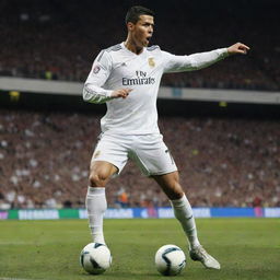 A high resolution wallpaper featuring Cristiano Ronaldo in action, showcasing his skillful moves, athleticism and powerful presence on the field. Background should highlight a vibrant football stadium full of cheering fans