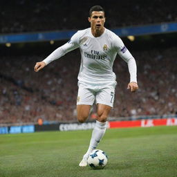 A high resolution wallpaper featuring Cristiano Ronaldo in action, showcasing his skillful moves, athleticism and powerful presence on the field. Background should highlight a vibrant football stadium full of cheering fans