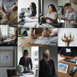 Collage of professional designers and hobbyists deeply engaged with the Idyllic platform, showcasing a mix of expertise and creativity.