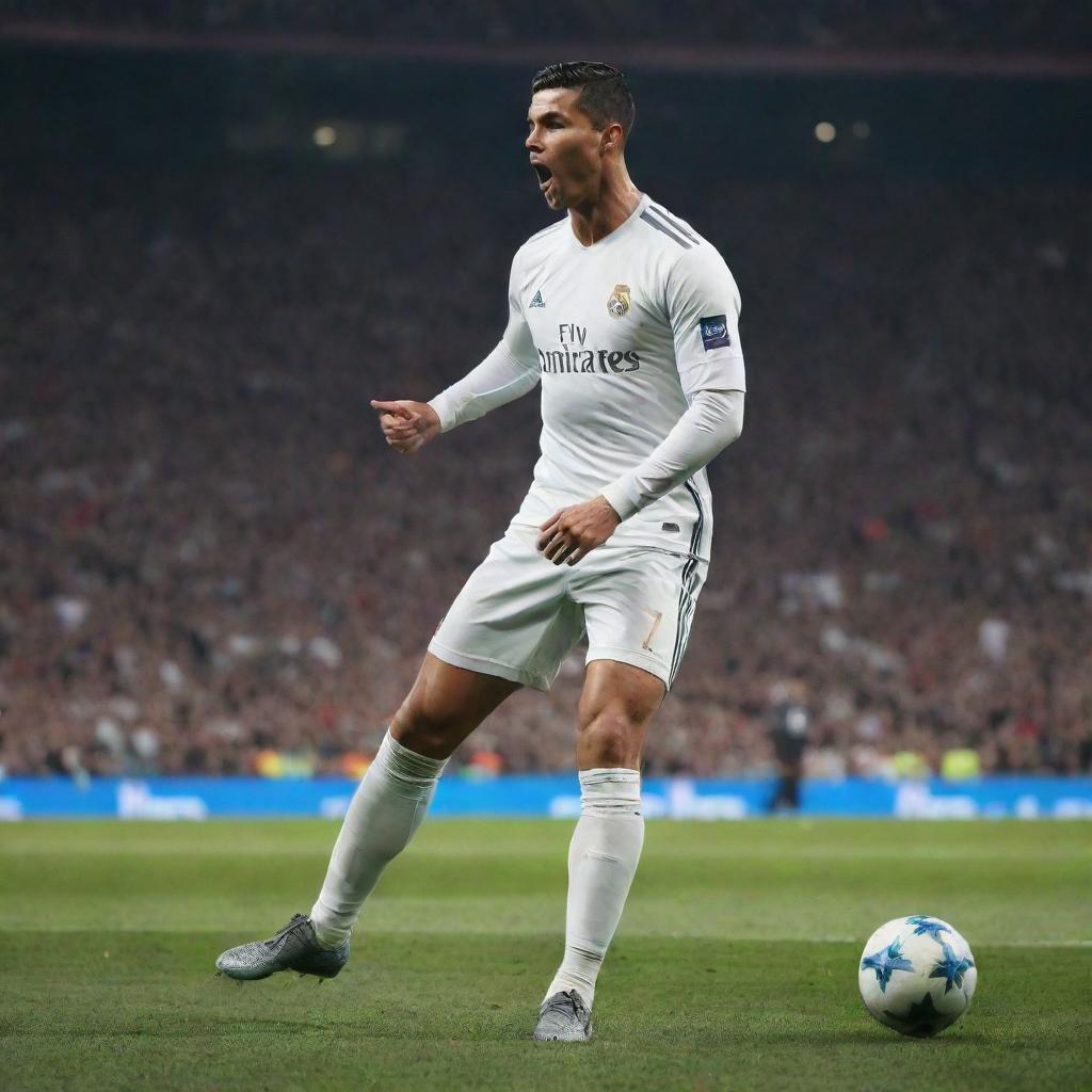 A 4K quality wallpaper featuring Cristiano Ronaldo in his football gear, cocking his leg back, preparing to kick the match-winner goal.