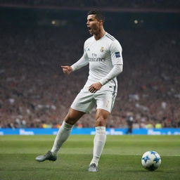 A 4K quality wallpaper featuring Cristiano Ronaldo in his football gear, cocking his leg back, preparing to kick the match-winner goal.
