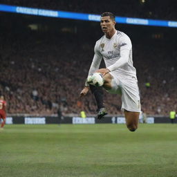 A 4K quality wallpaper featuring Cristiano Ronaldo in his football gear, cocking his leg back, preparing to kick the match-winner goal.