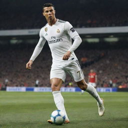 A 4K quality wallpaper featuring Cristiano Ronaldo in his football gear, cocking his leg back, preparing to kick the match-winner goal.