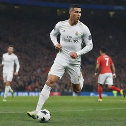 A 4K quality wallpaper featuring Cristiano Ronaldo in his football gear, cocking his leg back, preparing to kick the match-winner goal.