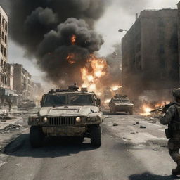 A realistic scene from the Call of Duty video game featuring intense battlefield action with soldiers, explosions, and military vehicles in a war-torn urban environment.