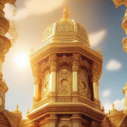 A high-quality digital art image showcasing a colossal golden bell tower, gleaming under the bright sunlight