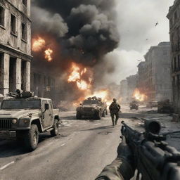 A realistic scene from the Call of Duty video game featuring intense battlefield action with soldiers, explosions, and military vehicles in a war-torn urban environment.