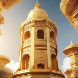 A high-quality digital art image showcasing a colossal golden bell tower, gleaming under the bright sunlight