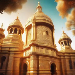 A high-quality digital art image showcasing a colossal golden bell tower, gleaming under the bright sunlight